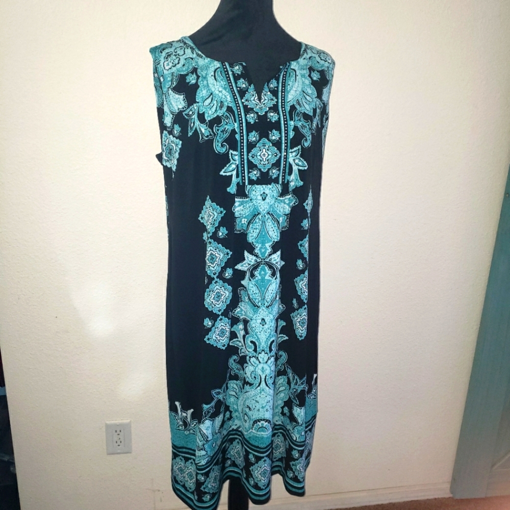 JM Collection Printed Sheath Dress Black Teal Rhinestone Women's Size XL